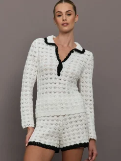 Crochet Long Sleeve Polo Top