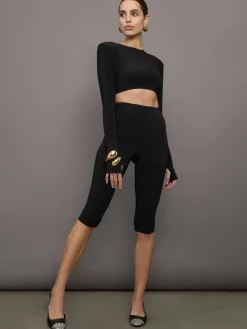 Cropped Shoulder Pad Long Sleeve Crew Top