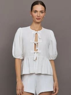 Linen Tie Puff Sleeve Top