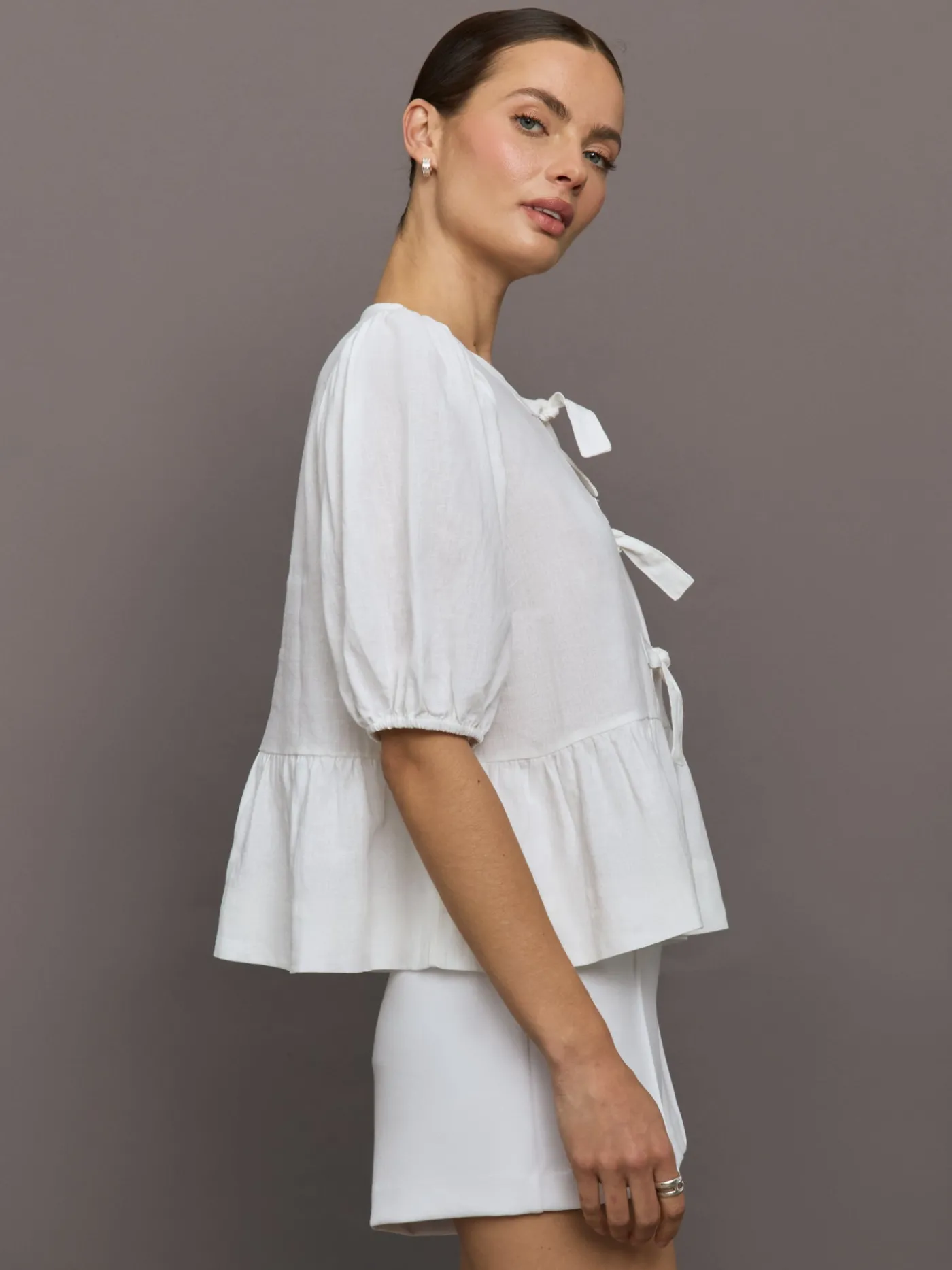 Linen Tie Puff Sleeve Top