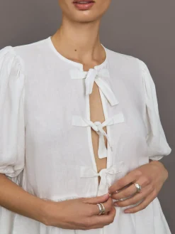 Linen Tie Puff Sleeve Top