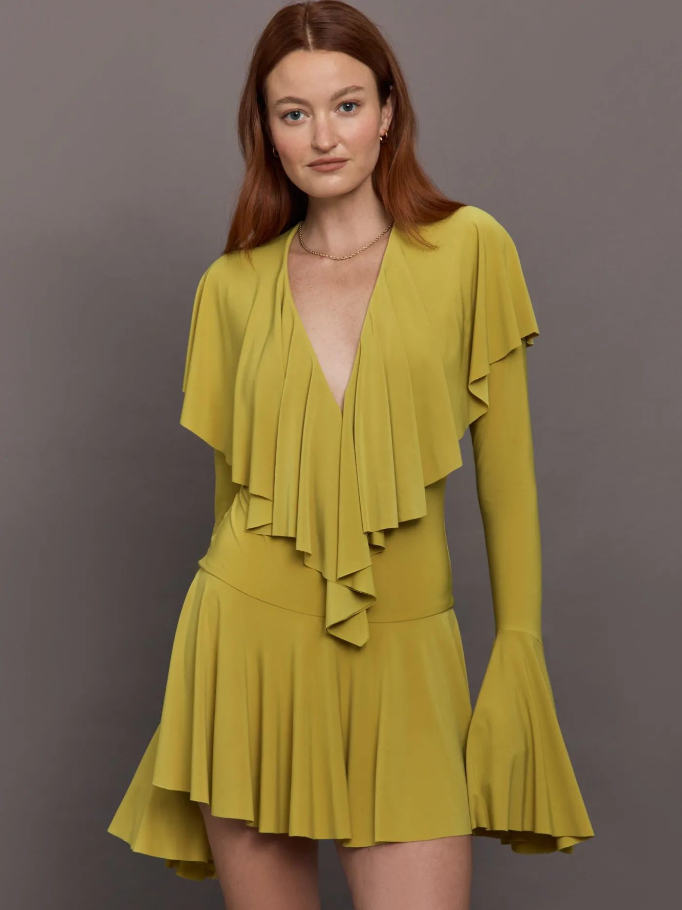 Long Sleeve Deep V Ruffle Mini Dress
