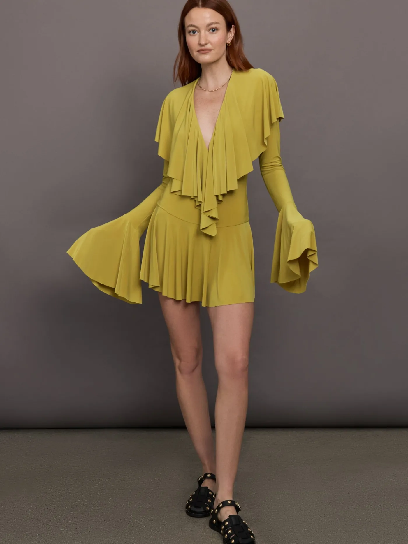 Long Sleeve Deep V Ruffle Mini Dress