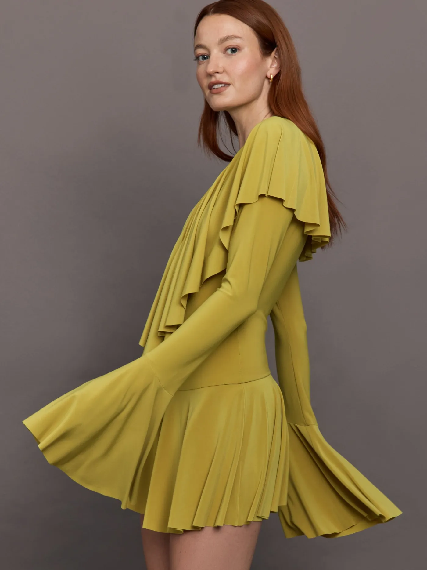 Long Sleeve Deep V Ruffle Mini Dress