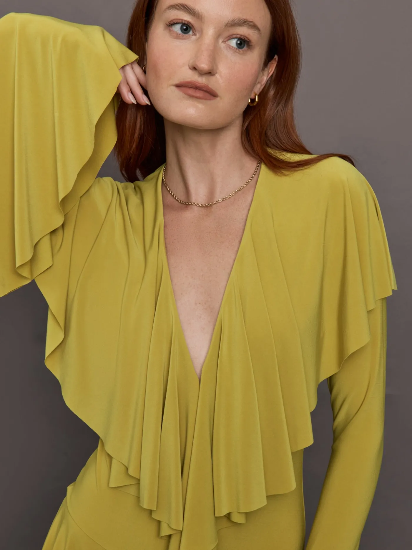 Long Sleeve Deep V Ruffle Mini Dress