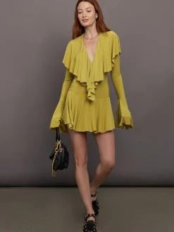 Long Sleeve Deep V Ruffle Mini Dress