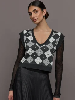Nomia Plaid Pearly V-Neck Sweater