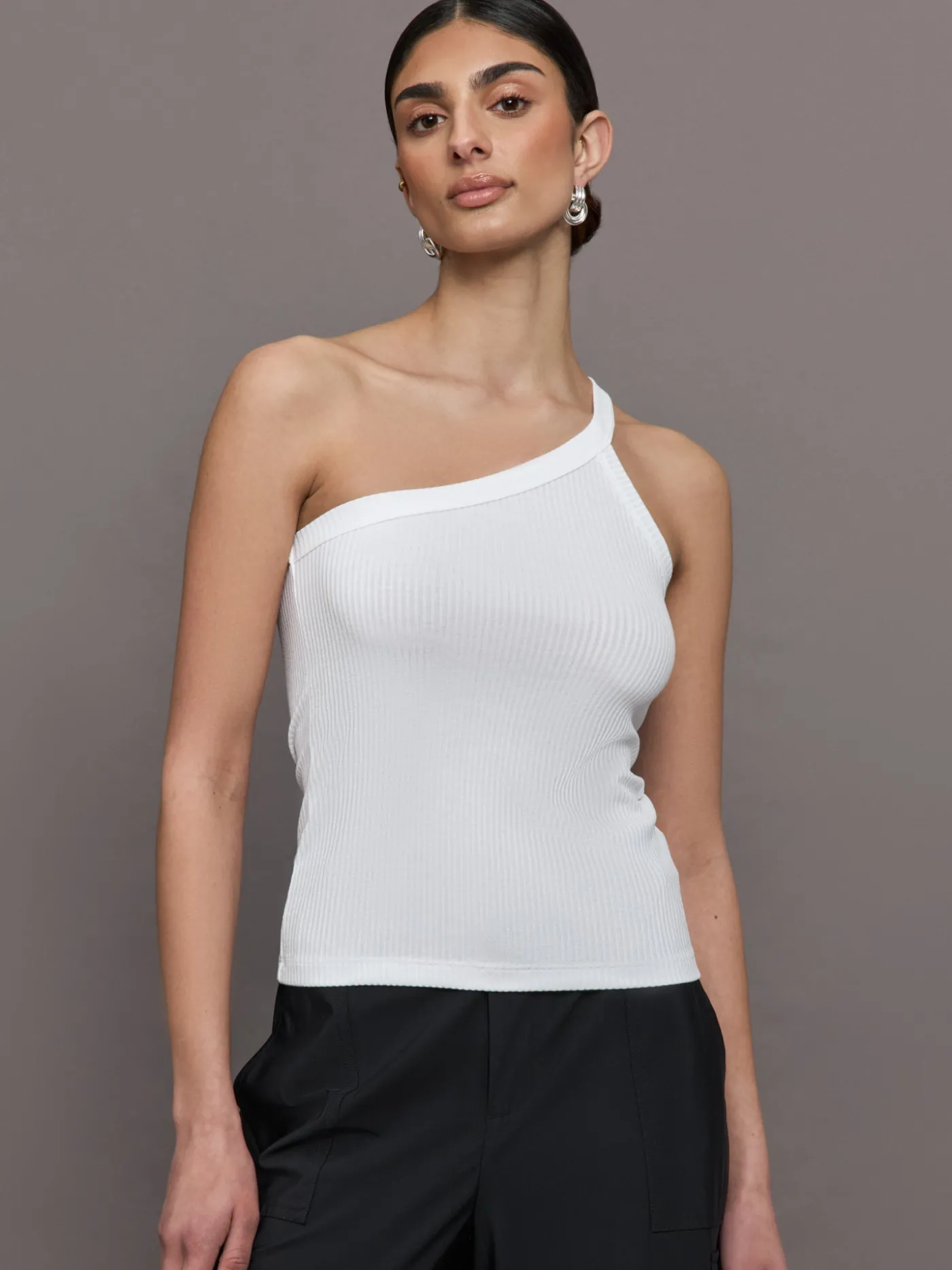 One Shoulder Tank in Ribbed Jersey