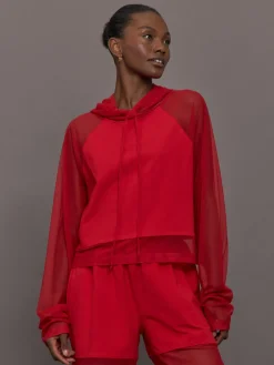 Oversized Raglan Sleeve Hooded Cropped Top W/ Mesh