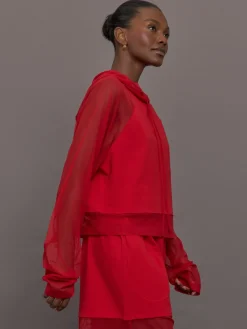 Oversized Raglan Sleeve Hooded Cropped Top W/ Mesh