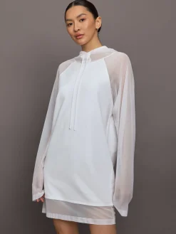 Oversized Raglan Sleeve hooded Mini Dress W Mesh