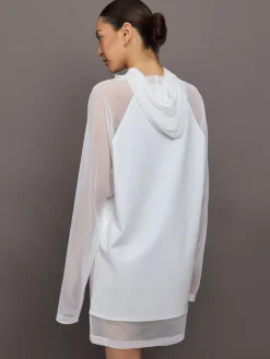 Oversized Raglan Sleeve hooded Mini Dress W Mesh