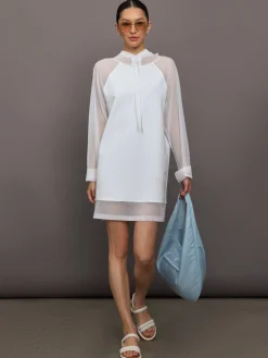 Oversized Raglan Sleeve hooded Mini Dress W Mesh